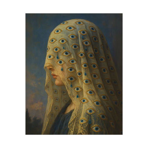 Fine art print of a woman in profile wearing a lace veil embroidered with multiple all-seeing eyes and blue teardrop details. The giclée reproduction features a romantic, gothic painting style with symbolic motifs, perfect for dark academia interiors, witchy decor, and spiritual spaces. Printed on soft textured archival paper in multiple sizes.